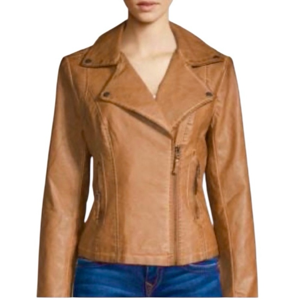Max Studio Cognac Faux Leather Moto Jacket Small